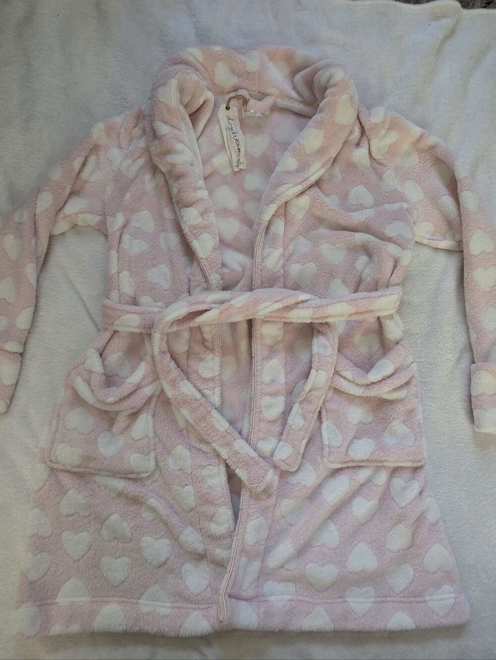 Plush Pink Heart Hooded Robe with Belt and Pockets